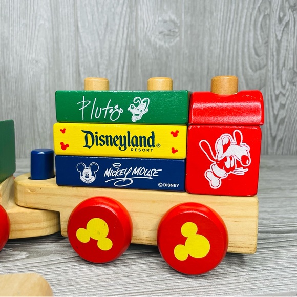 Disney store wooden Toy Train Mickey Mouse Wood Blocks Stacking Train w/ hammer - Picture 5 of 6